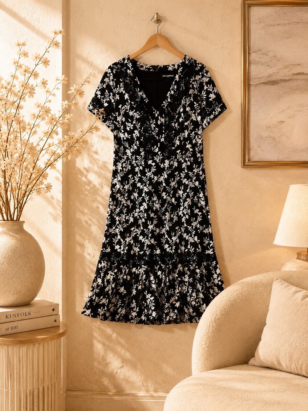 Karl Lagerfeld Paris Black White Floral Lace Dress V Neck Short Sleeve 12 Office